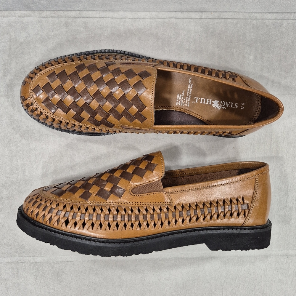 Stag Hill loafers men's 9D brown leather woven slip on breathable casual shoes